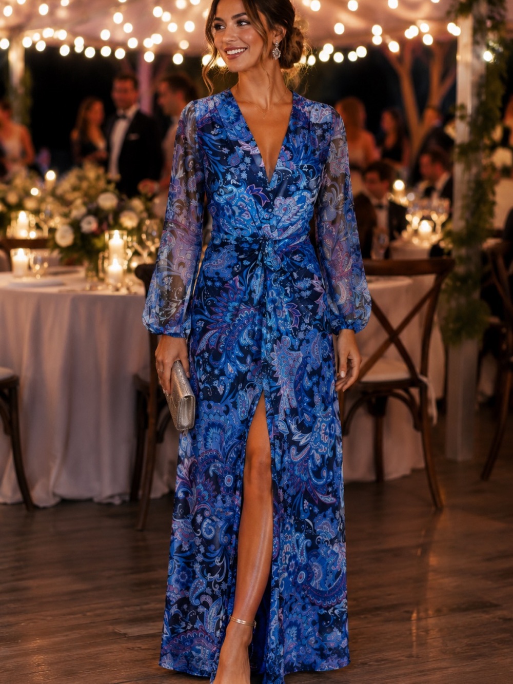Boston Proper Blue Paisley Wrap Maxi Dress with Sheer Bishop Sleeves